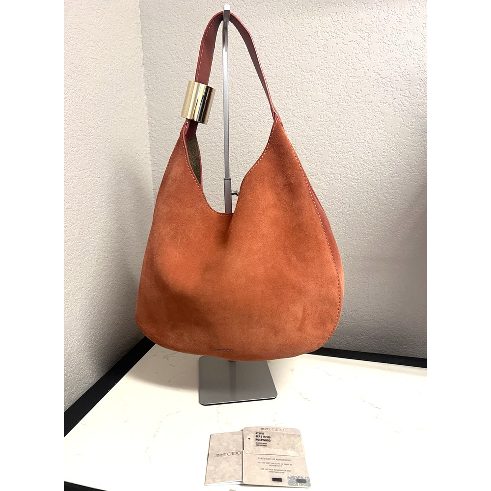 Jimmy Choo Stevie Suede Shoulder Hobo Bag, Rosewood Suede Leather Gold Tone Cuff